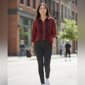 J Crew Button Front Shirt Red Plaid Embroidered Long Sleeve in size 12